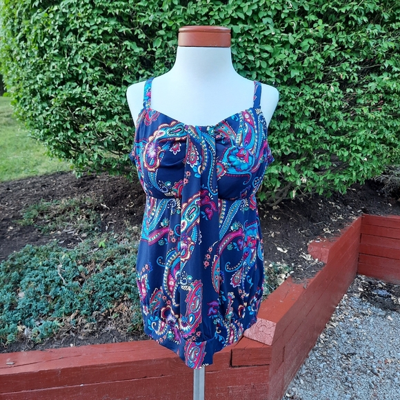 Lands' End Swim Paisley Slimming Blouson Padded Bra Tankini Top 16W Navy Multi - Picture 2 of 14